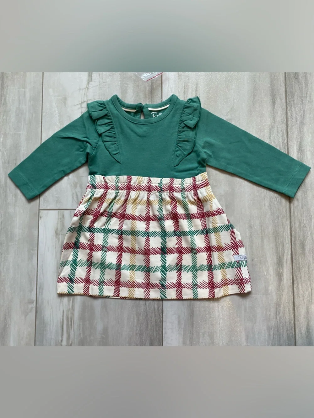 NWT RuffleButts Spruce & Tinsel Checked Plaid Printed Waterfall Dress girls 3-6M